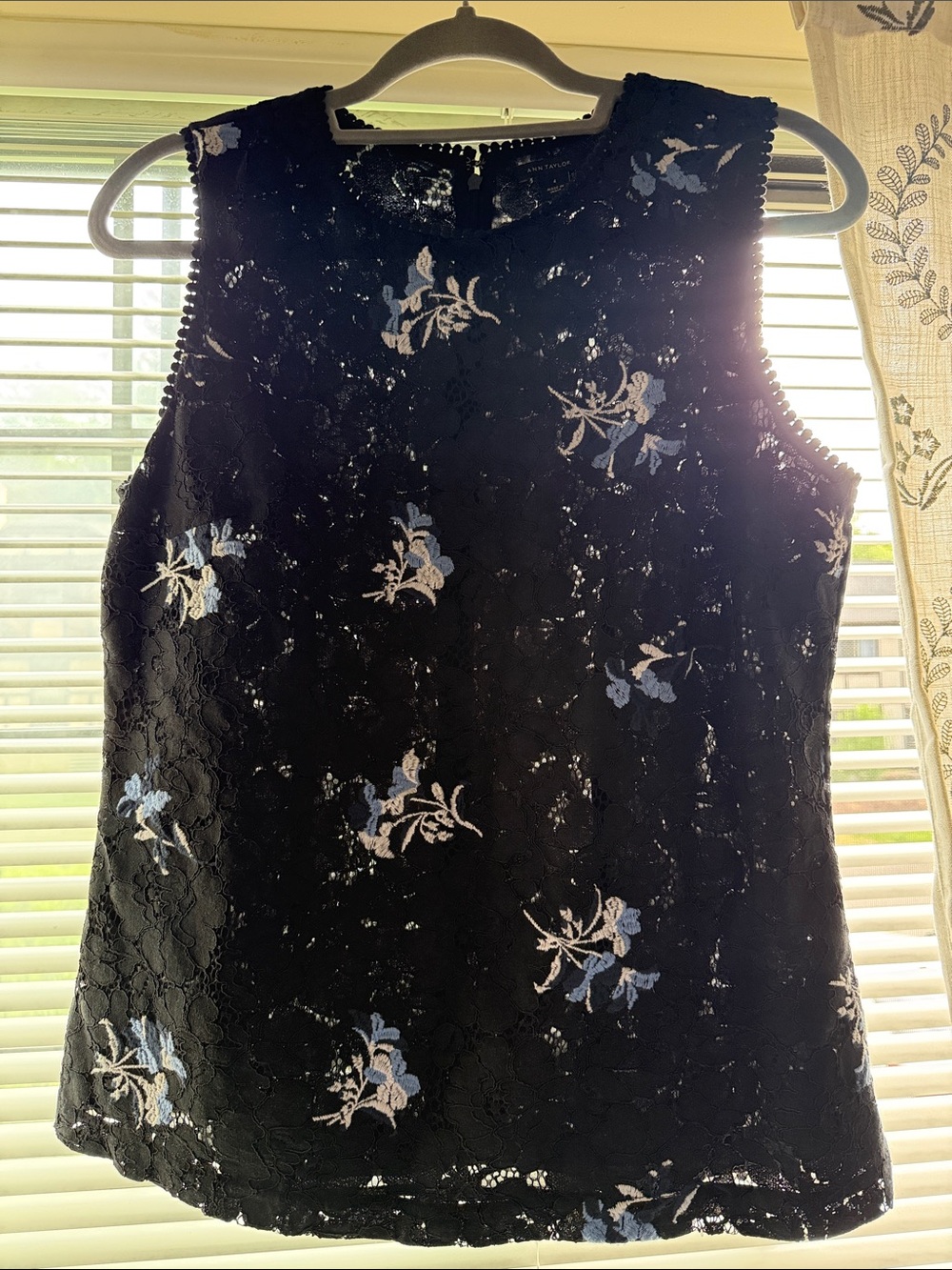 Ann Taylor Sleeveless Black Lace Top with Blue Floral Embroidery